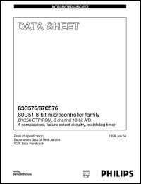 P87C576EBBB datasheet: 80C51 8-bit microcontroller family 8K 256 OTP ROM 6 channel 10-bit A/D, 4 comparators, failure detect circuitry, watchdog timer P87C576EBBB