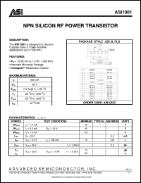 ASI1001 datasheet: NPN silicon RF power transistor ASI1001