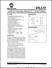 24LC41-/P datasheet: 1K,4K 2.5V dual mode, dual port I2C EEPROM 24LC41-/P