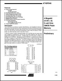 AT49F040-90PC datasheet: 4 Megabit (512K x 8) 5-volt only CMOS flash memory AT49F040-90PC