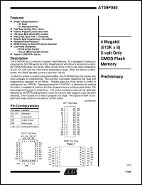 AT49F040-12PI datasheet: 4 Megabit (512K x 8) 5-volt only CMOS flash memory AT49F040-12PI