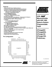 ATmega103-6AI datasheet: 8-bit microcontroller with 128K bytes in-system programmable flash, 4.0-5.5V power supply ATmega103-6AI