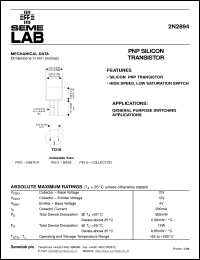2N2894 datasheet: 12V Vce, 0.2A Ic, 400MHz PNP bipolar transistor 2N2894