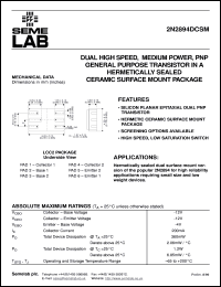 2N2894DCSM datasheet: 12V Vce, 0.2A Ic, 400MHz PNP bipolar transistor 2N2894DCSM