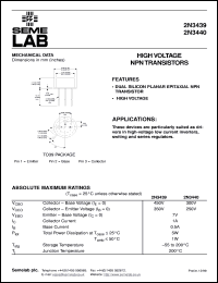 2N3439 datasheet: 300V Vce, 1A Ic, 15MHz NPN bipolar transistor 2N3439