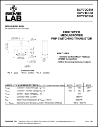 BCY72CSM datasheet: 25V Vce, 0.2A Ic, 250MHz PNP bipolar transistor BCY72CSM