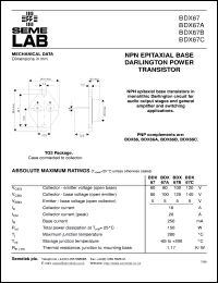 BDX67A datasheet: 80V Vce, 16A Ic, 7MHz NPN bipolar transistor BDX67A