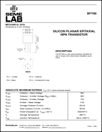 BFY90 datasheet: 15V Vce, 0.025A Ic, 1GHz NPN bipolar transistor BFY90