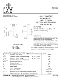 BUX39 datasheet: 90V Vce, 30A Ic, 8MHz NPN bipolar transistor BUX39