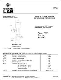 ZT91 datasheet: 100V Vce, 1A Ic, 60MHz NPN bipolar transistor ZT91