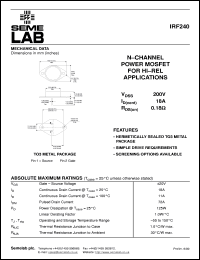 IRF240 datasheet: 200V Vdss N-Channel FET (field effect transistor) IRF240