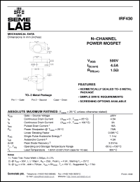 IRF430 datasheet: 500V Vdss N-Channel FET (field effect transistor) IRF430