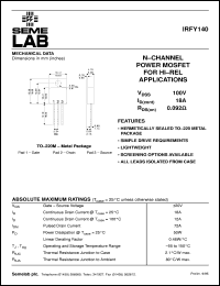 IRFY140 datasheet: 100V Vdss N-Channel FET (field effect transistor) IRFY140