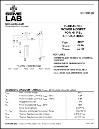 IRFY9130 datasheet: 100V Vdss P-Channel FET (field effect transistor) IRFY9130