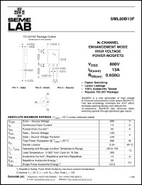 SML80B13F datasheet: 800V Vdss N-Channel+Fred FET (field effect transistor) SML80B13F