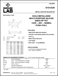 D1015UK datasheet: 28V, 125W, 1MHz-400MHz push-pull RF D1015UK