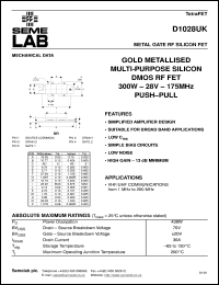 D1028UK datasheet: 28V, 300W, 1MHz-200MHz push-pull RF D1028UK