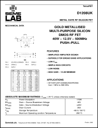 D1208UK datasheet: 12.5V, 40W, 1MHz-500MHz push-pull RF D1208UK