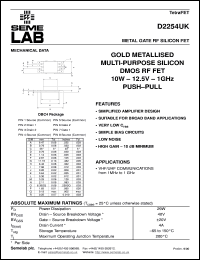 D2254UK datasheet: 12.5V, 10W, 1MHz-1000MHz push-pull RF D2254UK