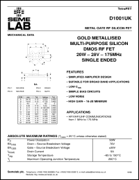 D1001UK datasheet: 28V, 20W, 1MHz-175MHz single-edded RF D1001UK