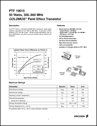 PTF10015 datasheet: 50 watts, 300-960 MHz GOLDMOS field effect transistor PTF10015