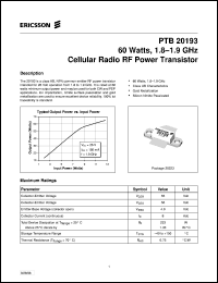 PTB20193 datasheet: 60 watts, 1.8-1.9 GHz cellular radio RF power transistor PTB20193