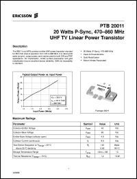PTB20011 datasheet: 20 watts P-sync, 470-860 MHz UHF TV linear power transistor PTB20011