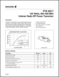 PTB20017 datasheet: 150 watts, 860-900 MHz cellular radio RF power transistor PTB20017