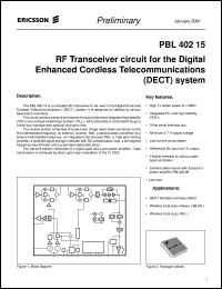 PBL40215 datasheet: RF transceiver circuit for the digital enhanced cordless telecommunications systems PBL40215