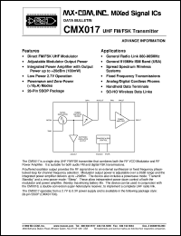 CMX017D6 datasheet: UHF FM/FSK transmitter CMX017D6