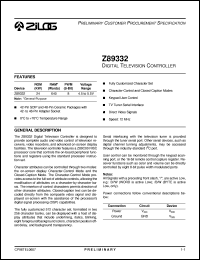 Z89332 datasheet: Digital television controller. 24 Kbytes ROM, 640 bytes RAM, 12 MHz, 8-bit Z89332