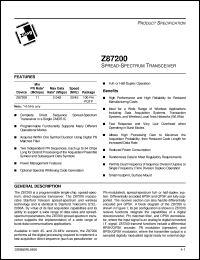 Z87200 datasheet: Spread-spectrum transceiver. Min PN rate 11 Mchips. Max data rate 2.048 Mbps. 20/45 MHz Z87200