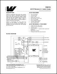 WM9703CFT/V datasheet: AC97 revision 2.1 audio codec WM9703CFT/V