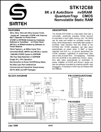 STK12C68-W25I datasheet: 8K x 8 autostore nvRAM CMOS nonvolatile static RAM STK12C68-W25I