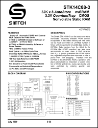 STK14C88-3N45I datasheet: 32K x 8 autostore nvRAM 3.3V CMOS nonvolatile static RAM STK14C88-3N45I