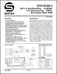 STK16C88-W55 datasheet: 32K x 8 autostore plus nvRAM 3.3V quantum trap CMOS nonvolatile static RAM STK16C88-W55