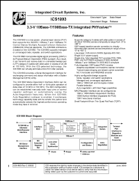 ICS1893Y-10 datasheet: 3.3V 10 base-T/100 base-TX integrated PHYceiver ICS1893Y-10