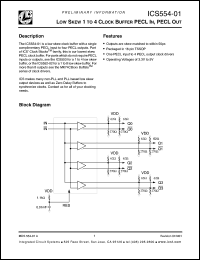 ICS554G-01 datasheet: Low skew 1 to 4 clock buffer PECL in, PECL out ICS554G-01