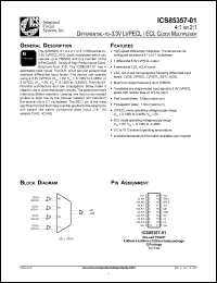 ICS85357AG-01T datasheet: 4:1 or 2:1 differential to 3.3V LVPECL/ECL clock multiplexer ICS85357AG-01T