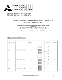 MJ4033 datasheet: 60V  darlington medium power complementary silicon transistor MJ4033