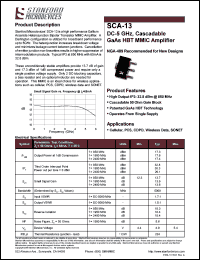 SCA-13 datasheet: DC-5 GHz, cascadable GaAs HBT MMIC amplifier. High output IP3: 328 dBm @ 850 MHz SCA-13