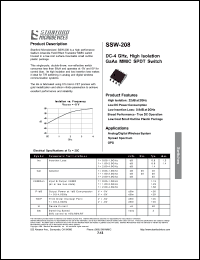 SSW-208 datasheet: DC - 4 GHz high isolation (22dB at 2GHz) GaAs MMIC SPDT switch. SSW-208
