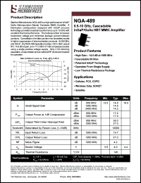 NGA-489 datasheet: 0.5-10 GHz, cascadable 50 ohm InGa/GaAs HBT MMIC amplifier. High gain: 14.5 dB at 1950MHz. NGA-489