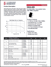 NGA-689 datasheet: DC-5000 MHz, cascadable 50 ohm(1.4:1 VSRM) GaAs HBT MMIC amplifier. 11.7dB gain, 18.9 dBm P1dB at 1950MHz. NGA-689