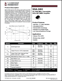 SGA-2463 datasheet: DC-2000 MHz, cascadable SIGe HBT MMIC amplifier. High gain: 17.1 dB at 1950 MHz. SGA-2463