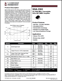 SGA-3363 datasheet: DC-5500 MHz, cascadable SIGe HBT MMIC amplifier. High gain: 15.9 dB at 1950 MHz. SGA-3363