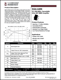 SGA-6489 datasheet: DC-3500 MHz, cascadable SiGe HBT MMIC amplifier. High gain: 17.5 dB at 1950 MHz SGA-6489