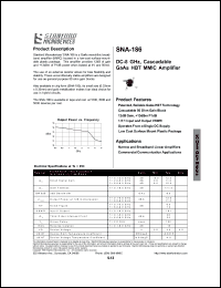 SNA-186-TR1 datasheet: DC-8 GNz cascadable GaAs HBT MMIC amplifier. 12dB gain, +13dBm P1dB, 1,5:1 input and output VSWR. Devices per reel 1000. Reel size 7