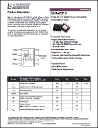 SPA-2318 datasheet: 2150 MHz, 1 Watt power amplifier with active bias. SPA-2318