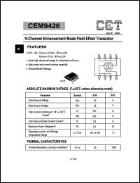 CEM9426 datasheet: 20V N-channel logic level enhancement mode field effect transistor CEM9426